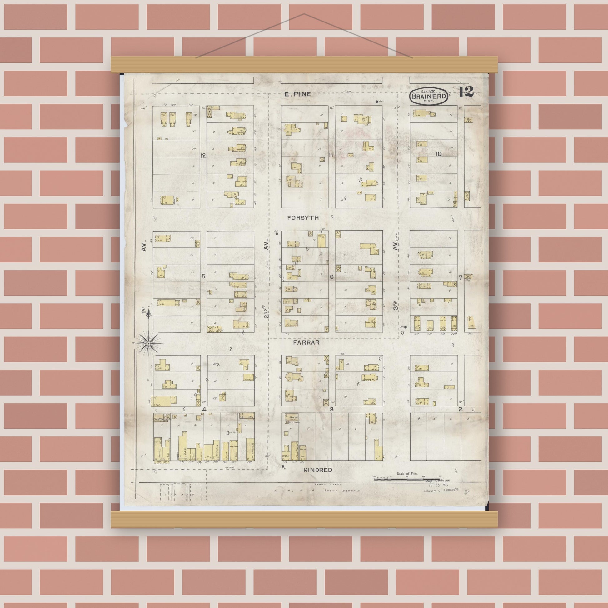 Old map wall art mockup — magnetic wood frame on brick wall — Sanborn Fire Insurance Map from Brainerd, Crow Wing County, Minnesota (1892), Sheet #0012