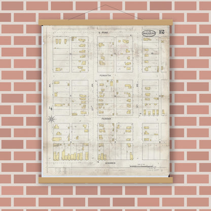 Old map wall art mockup — magnetic wood frame on brick wall — Sanborn Fire Insurance Map from Brainerd, Crow Wing County, Minnesota (1892), Sheet #0012