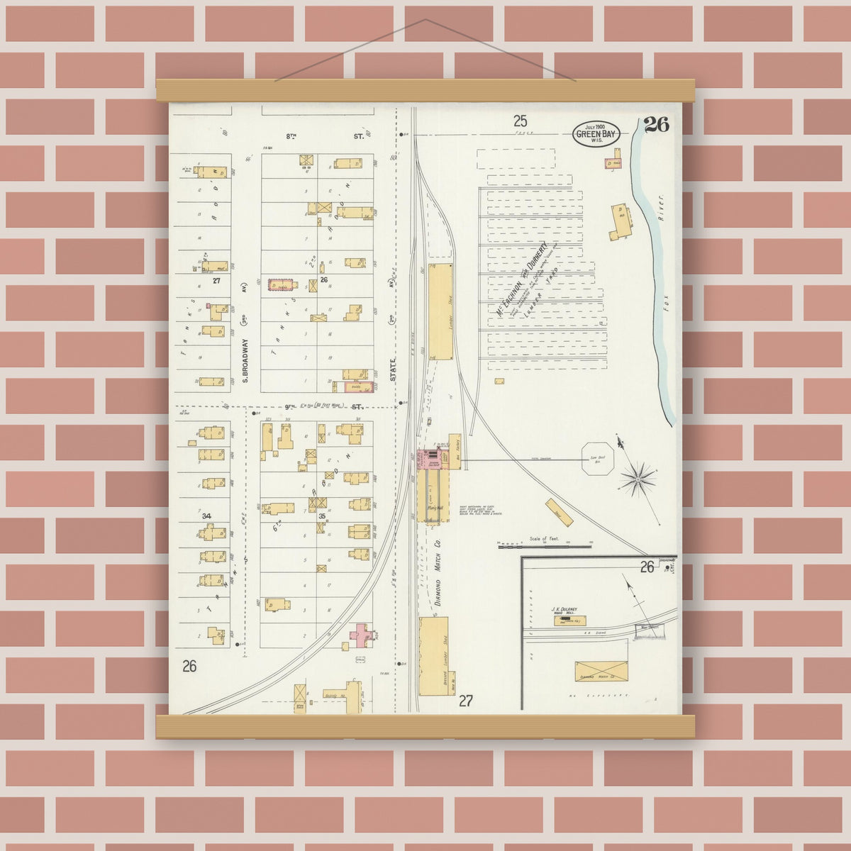Old map wall art mockup — magnetic wood frame on brick wall — Sanborn Fire Insurance Map from Green Bay, Brown County, Wisconsin (1900), Sheet #0026