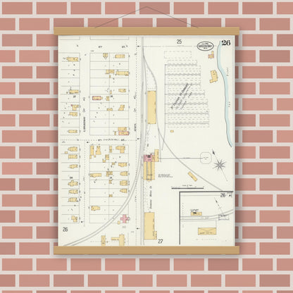 Old map wall art mockup — magnetic wood frame on brick wall — Sanborn Fire Insurance Map from Green Bay, Brown County, Wisconsin (1900), Sheet #0026