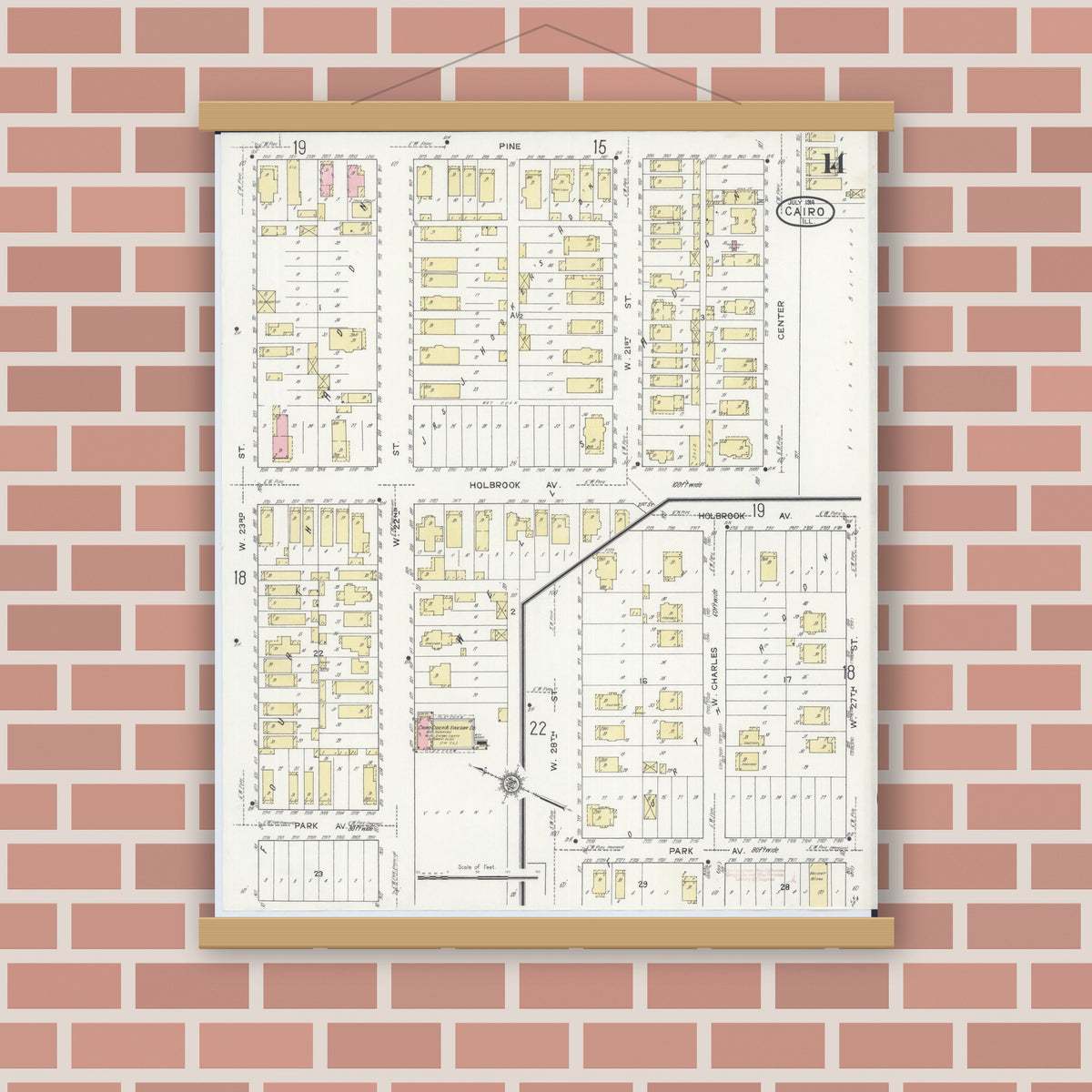 Old map wall art mockup — magnetic wood frame on brick wall — Sanborn Fire Insurance Map from Cairo, Alexander County, Illinois (1914), Sheet #0014