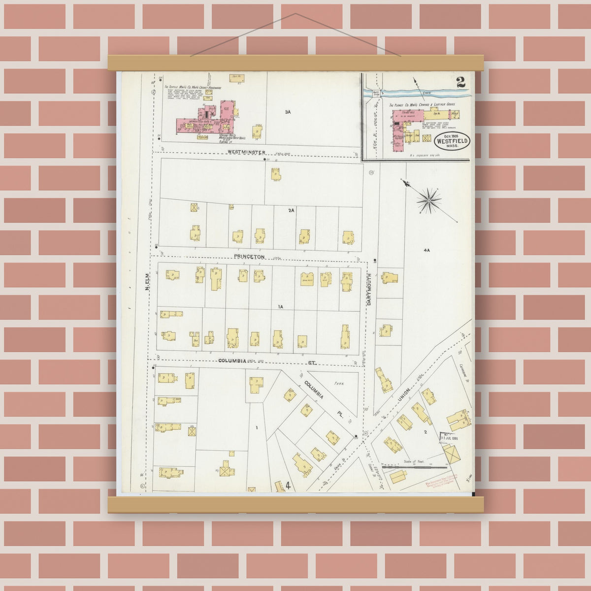 Old map wall art mockup — magnetic wood frame on brick wall — Sanborn Fire Insurance Map from Westfield, Hampden County, Massachusetts (1905), Sheet #0002