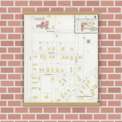 Old map wall art mockup — magnetic wood frame on brick wall — Sanborn Fire Insurance Map from Westfield, Hampden County, Massachusetts (1905), Sheet #0002