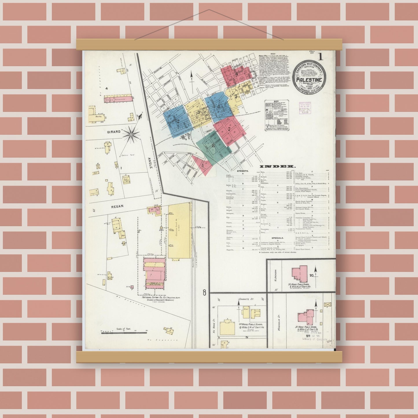 Old map wall art mockup — magnetic wood frame on brick wall — Sanborn Fire Insurance Map from Palestine, Anderson County, Texas (1905) - Complete Map Set