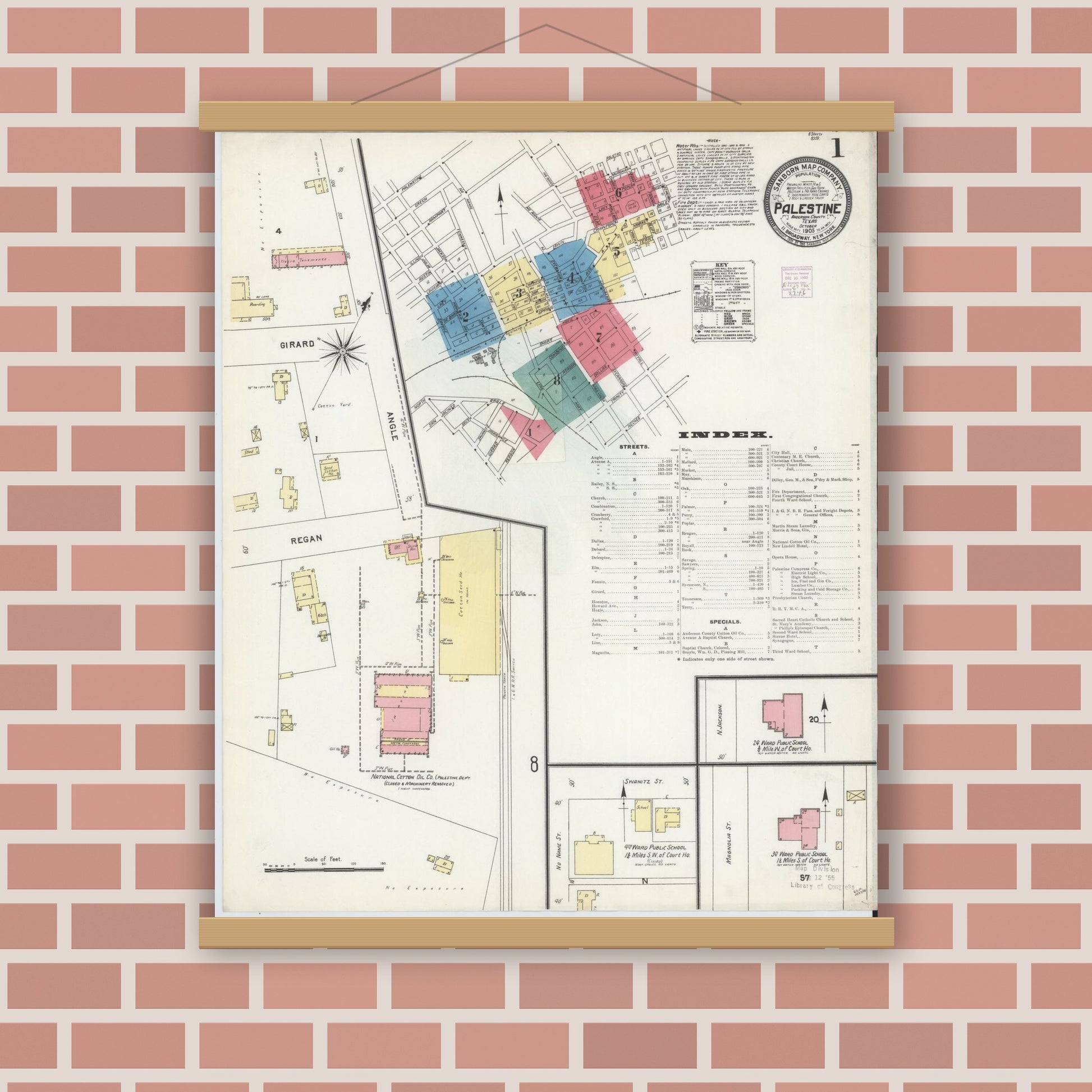 Old map wall art mockup — magnetic wood frame on brick wall — Sanborn Fire Insurance Map from Palestine, Anderson County, Texas (1905) - Complete Map Set