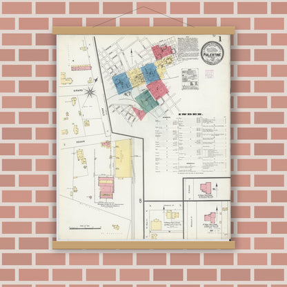 Old map wall art mockup — magnetic wood frame on brick wall — Sanborn Fire Insurance Map from Palestine, Anderson County, Texas (1905) - Complete Map Set