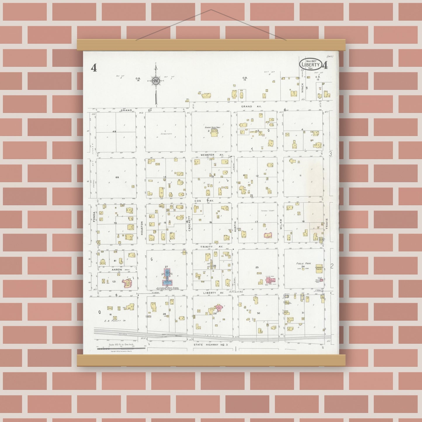 Old map wall art mockup — magnetic wood frame on brick wall — Sanborn Fire Insurance Map from Liberty, Liberty County, Texas (1927), Sheet #0004