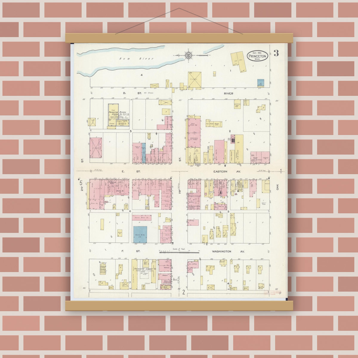 Old map wall art mockup — magnetic wood frame on brick wall — Sanborn Fire Insurance Map from Princeton, Mille Lacs County, Minnesota (1912), Sheet #0003