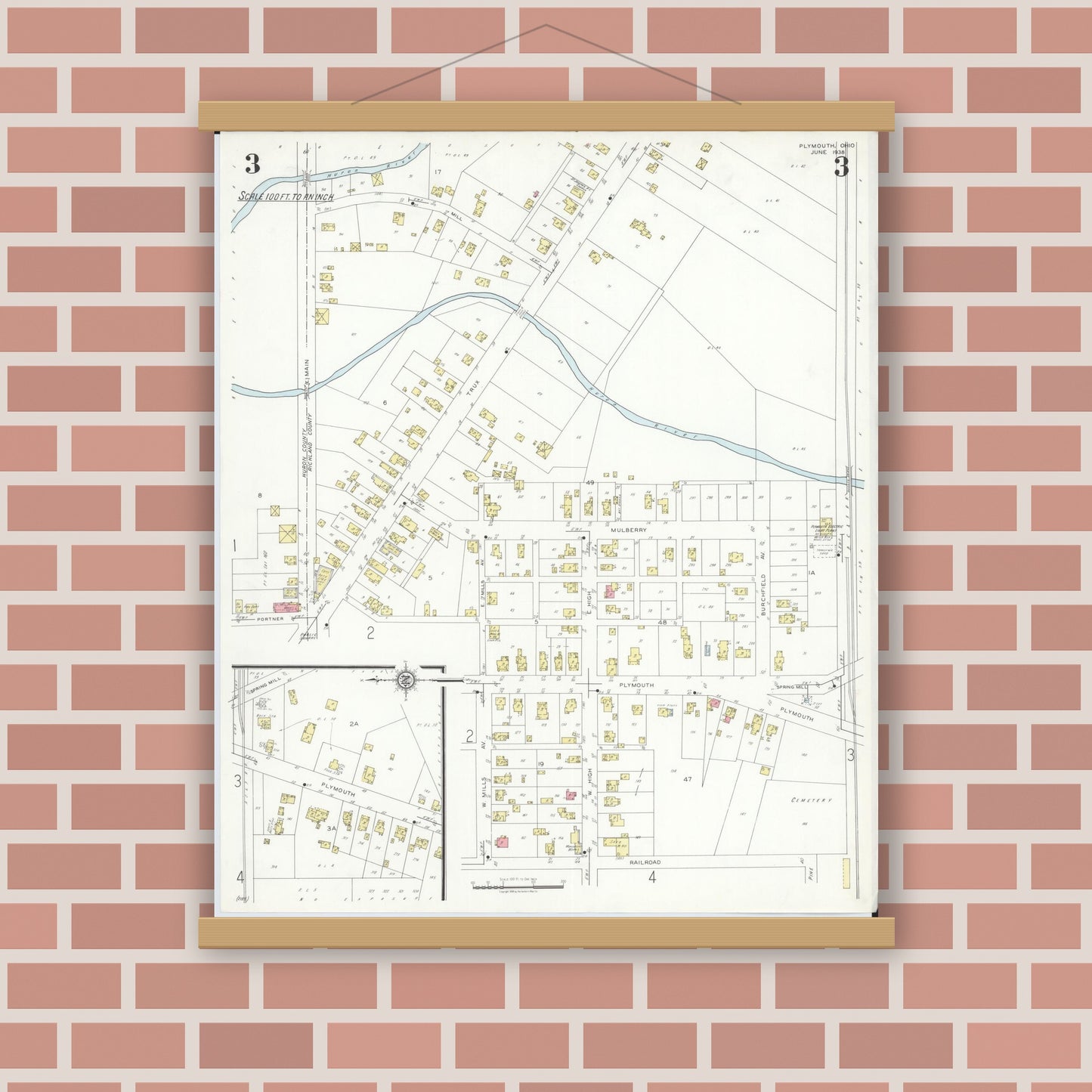 Old map wall art mockup — magnetic wood frame on brick wall — Sanborn Fire Insurance Map from Plymouth, Huron And Richland Counties, Ohio (1938), Sheet #0003