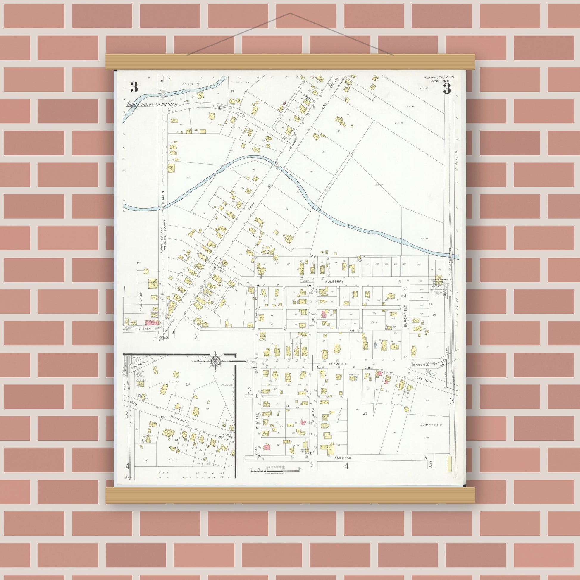Old map wall art mockup — magnetic wood frame on brick wall — Sanborn Fire Insurance Map from Plymouth, Huron And Richland Counties, Ohio (1938), Sheet #0003
