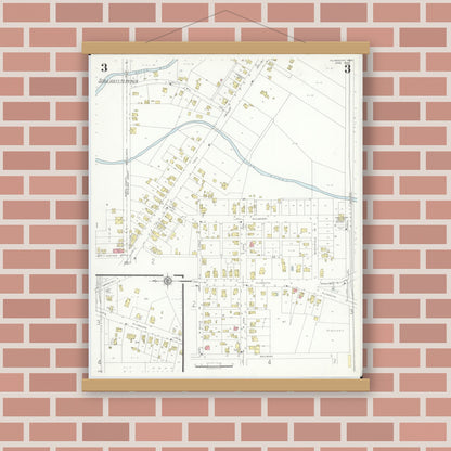 Old map wall art mockup — magnetic wood frame on brick wall — Sanborn Fire Insurance Map from Plymouth, Huron And Richland Counties, Ohio (1938), Sheet #0003