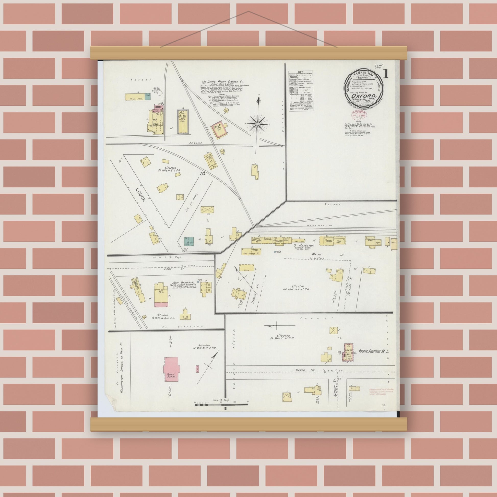 Old map wall art mockup — magnetic wood frame on brick wall — Sanborn Fire Insurance Map from Oxford, Oakland County, Michigan (1895) - Complete Map Set