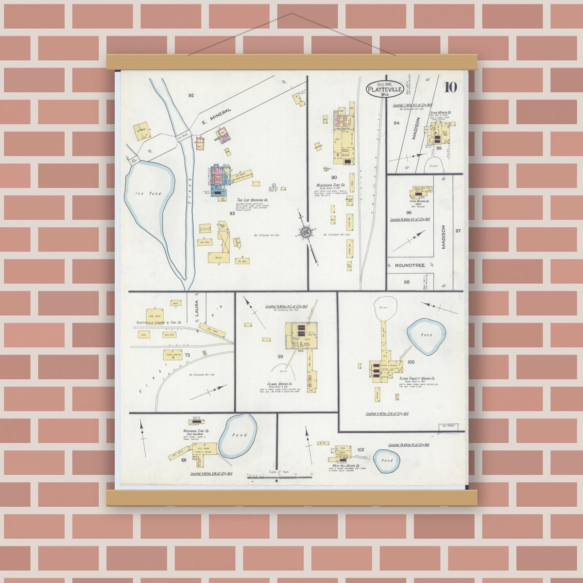 Old map wall art mockup — magnetic wood frame on brick wall — Sanborn Fire Insurance Map from Platteville, Grant County, Wisconsin (1915), Sheet #0010
