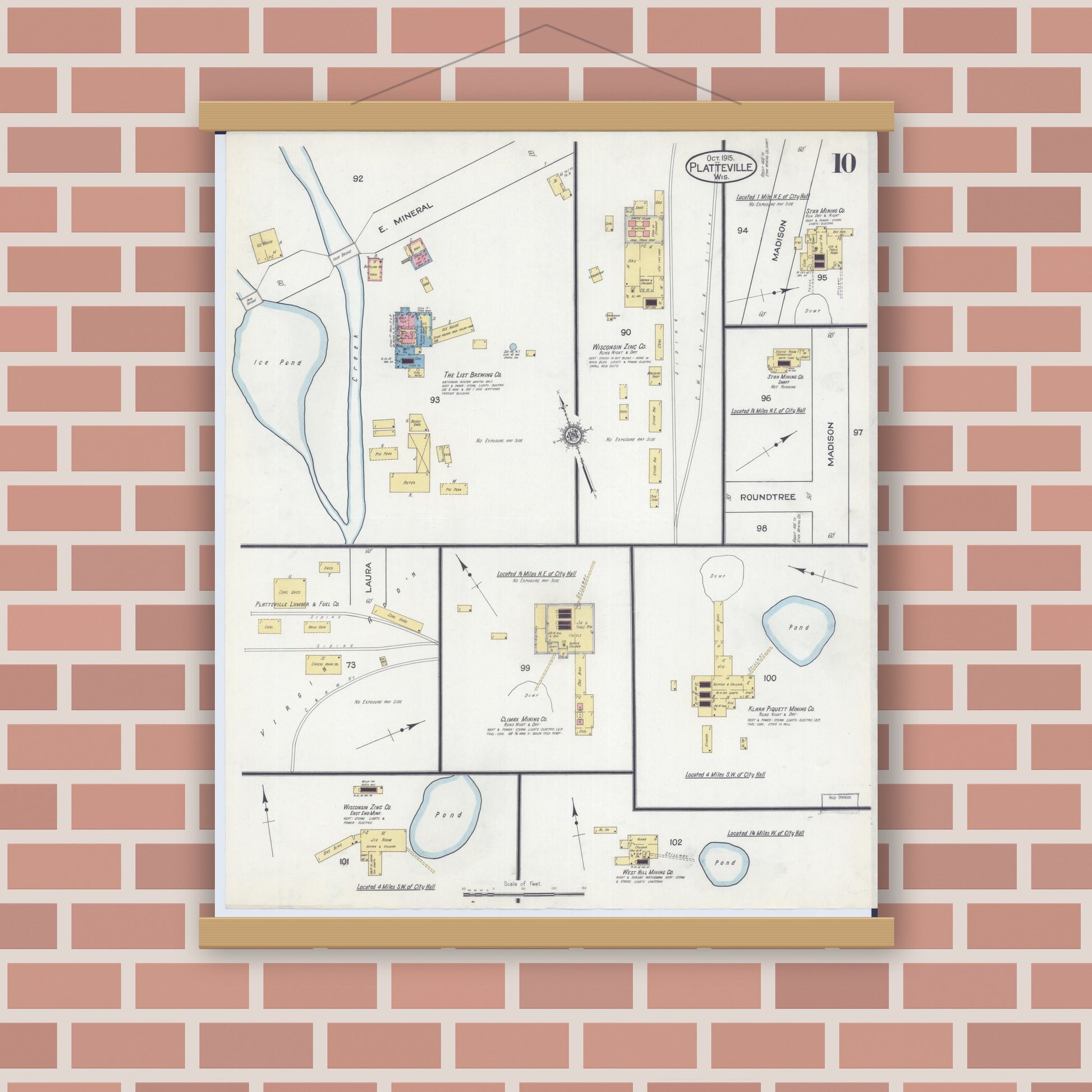 Old map wall art mockup — magnetic wood frame on brick wall — Sanborn Fire Insurance Map from Platteville, Grant County, Wisconsin (1915), Sheet #0010