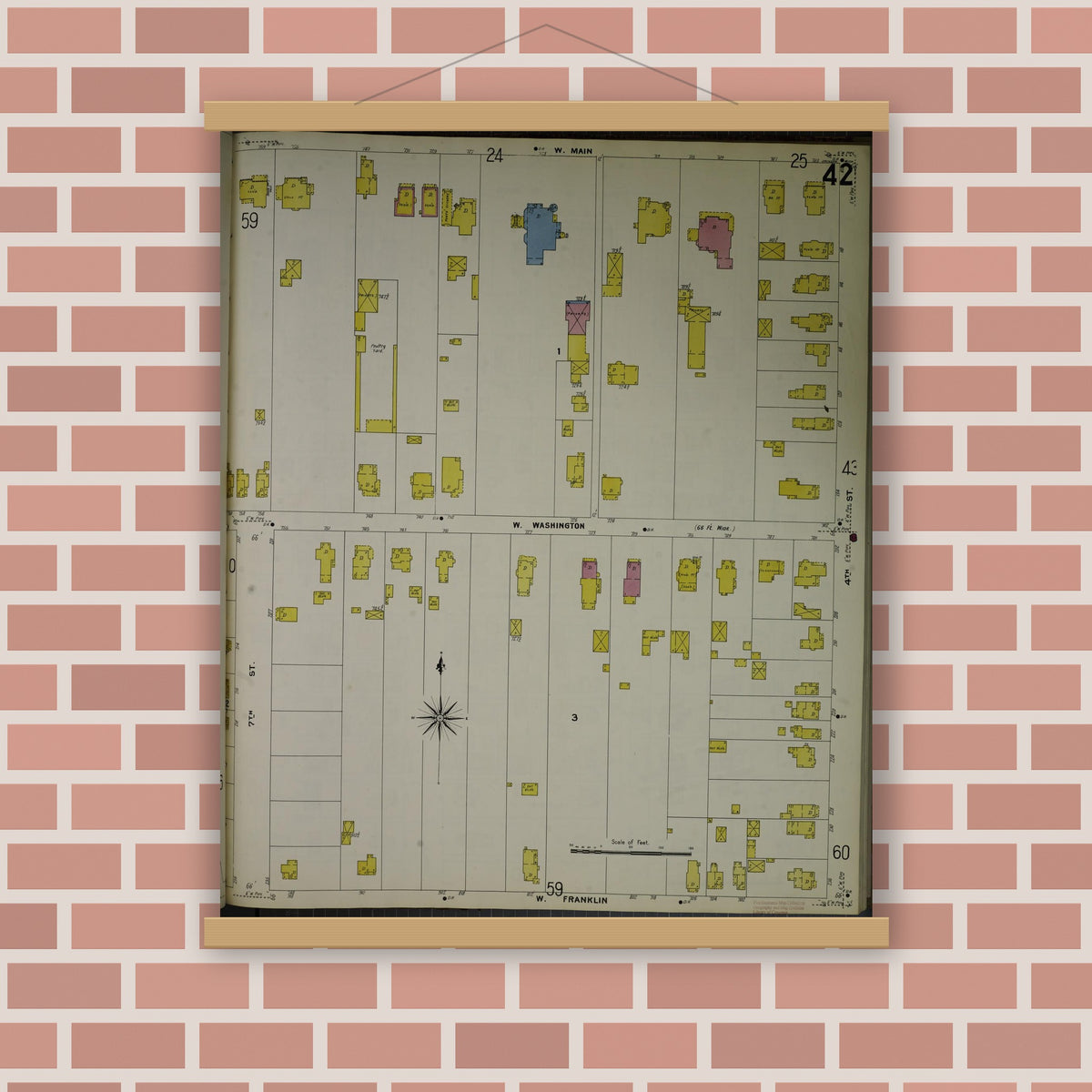 Old map wall art mockup — magnetic wood frame on brick wall — Sanborn Fire Insurance Map from Jackson, Jackson County, Michigan (1907), Sheet #0042
