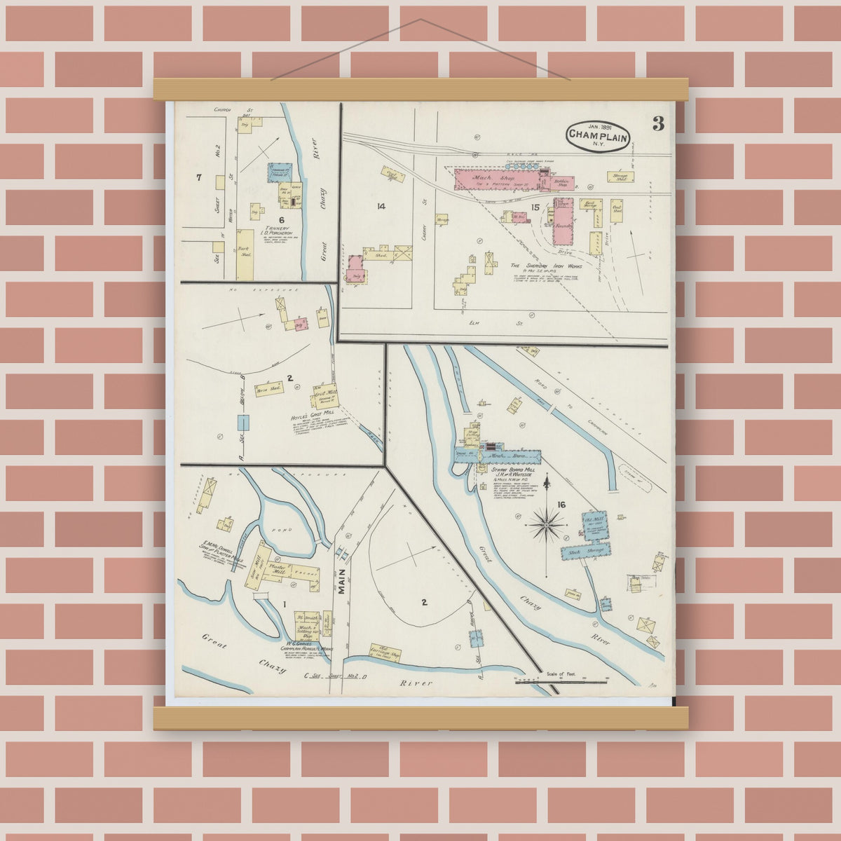 Old map wall art mockup — magnetic wood frame on brick wall — Sanborn Fire Insurance Map from Champlain, Clinton County, New York (1891), Sheet #0003