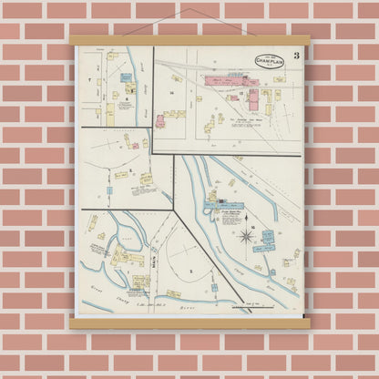 Old map wall art mockup — magnetic wood frame on brick wall — Sanborn Fire Insurance Map from Champlain, Clinton County, New York (1891), Sheet #0003