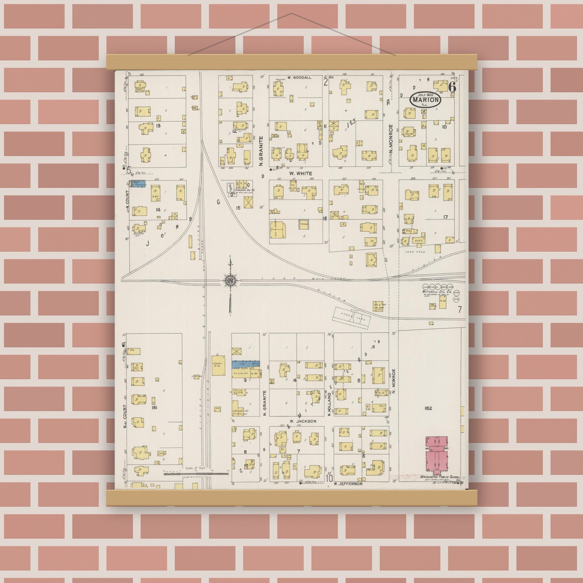 Old map wall art mockup — magnetic wood frame on brick wall — Sanborn Fire Insurance Map from Marion, Williamson County, Illinois (1922), Sheet #0006