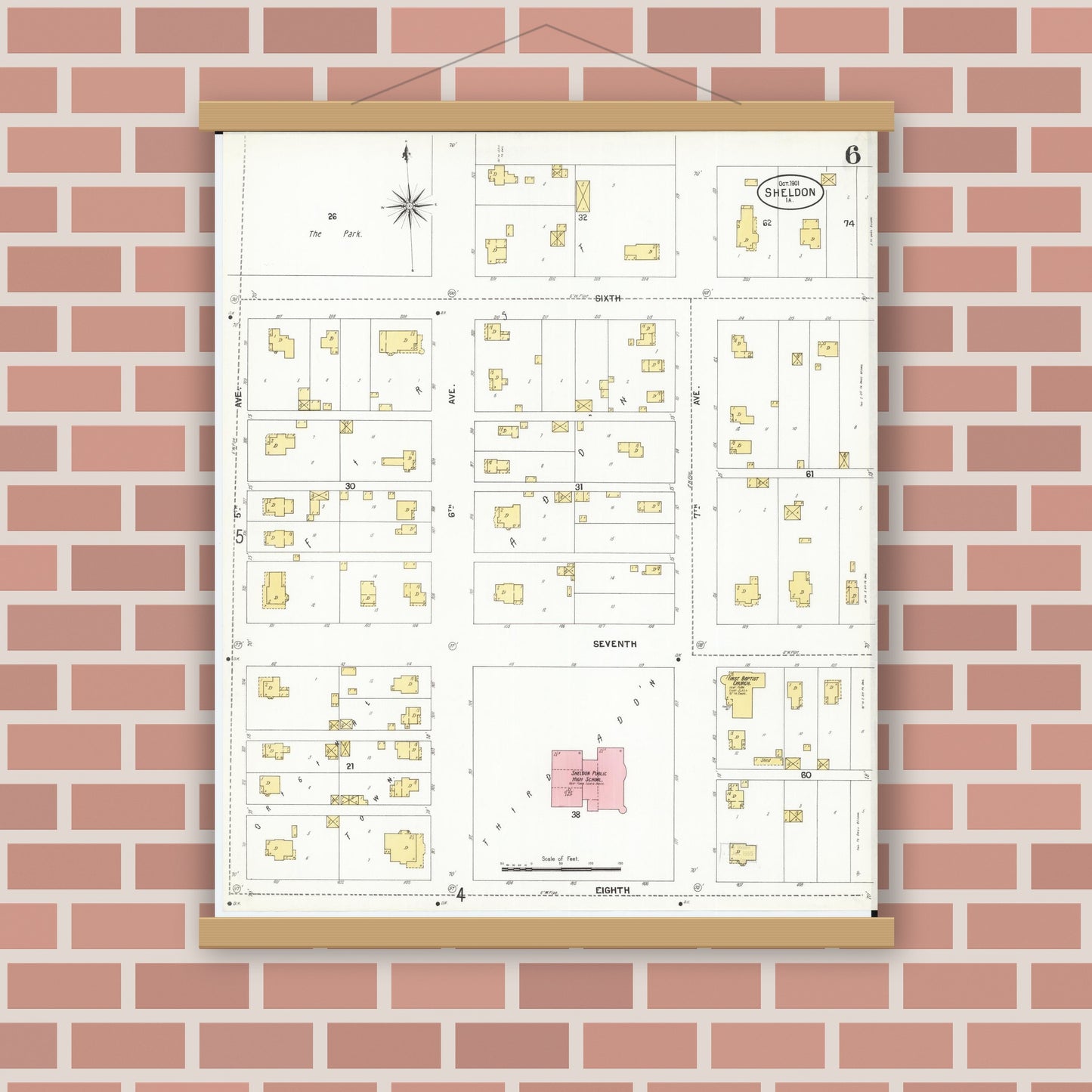 Old map wall art mockup — magnetic wood frame on brick wall — Sanborn Fire Insurance Map from Sheldon, O'Brien County, Iowa (1901), Sheet #0006