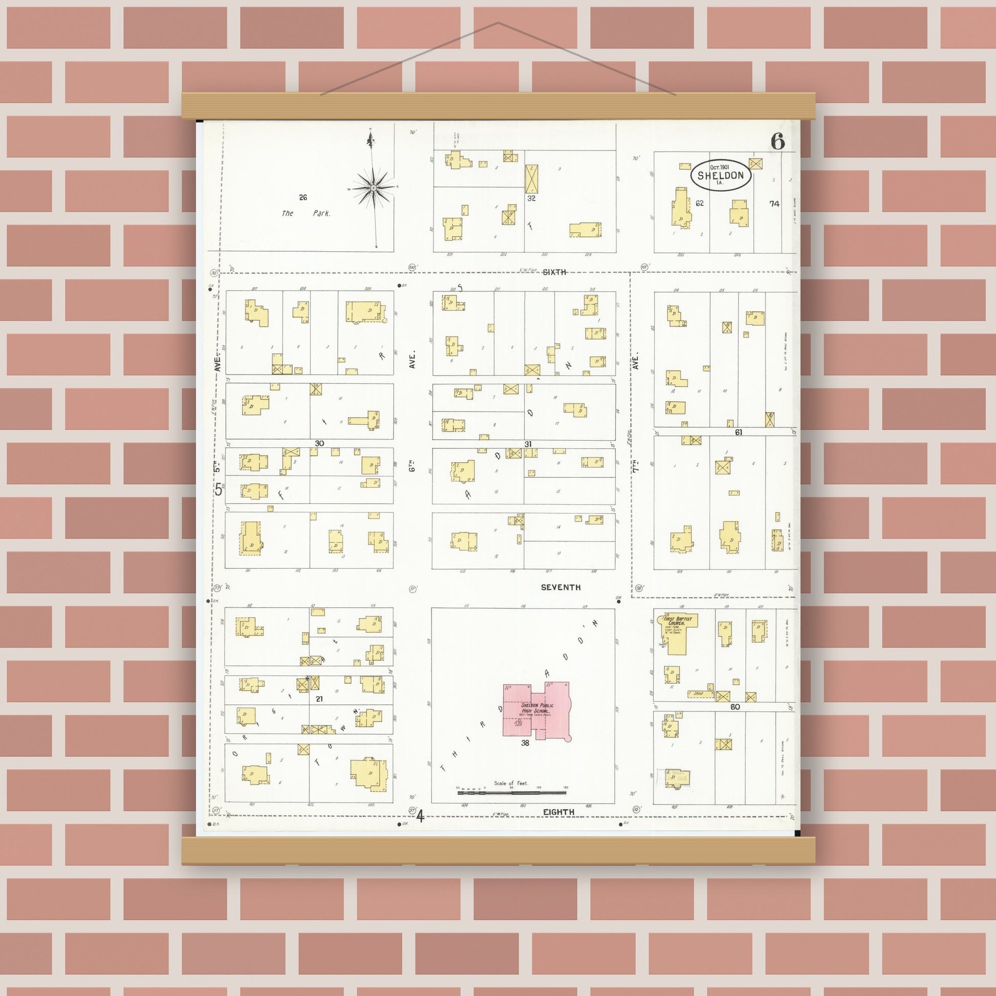 Old map wall art mockup — magnetic wood frame on brick wall — Sanborn Fire Insurance Map from Sheldon, O'Brien County, Iowa (1901), Sheet #0006