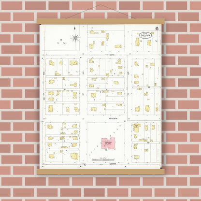 Old map wall art mockup — magnetic wood frame on brick wall — Sanborn Fire Insurance Map from Sheldon, O'Brien County, Iowa (1901), Sheet #0006