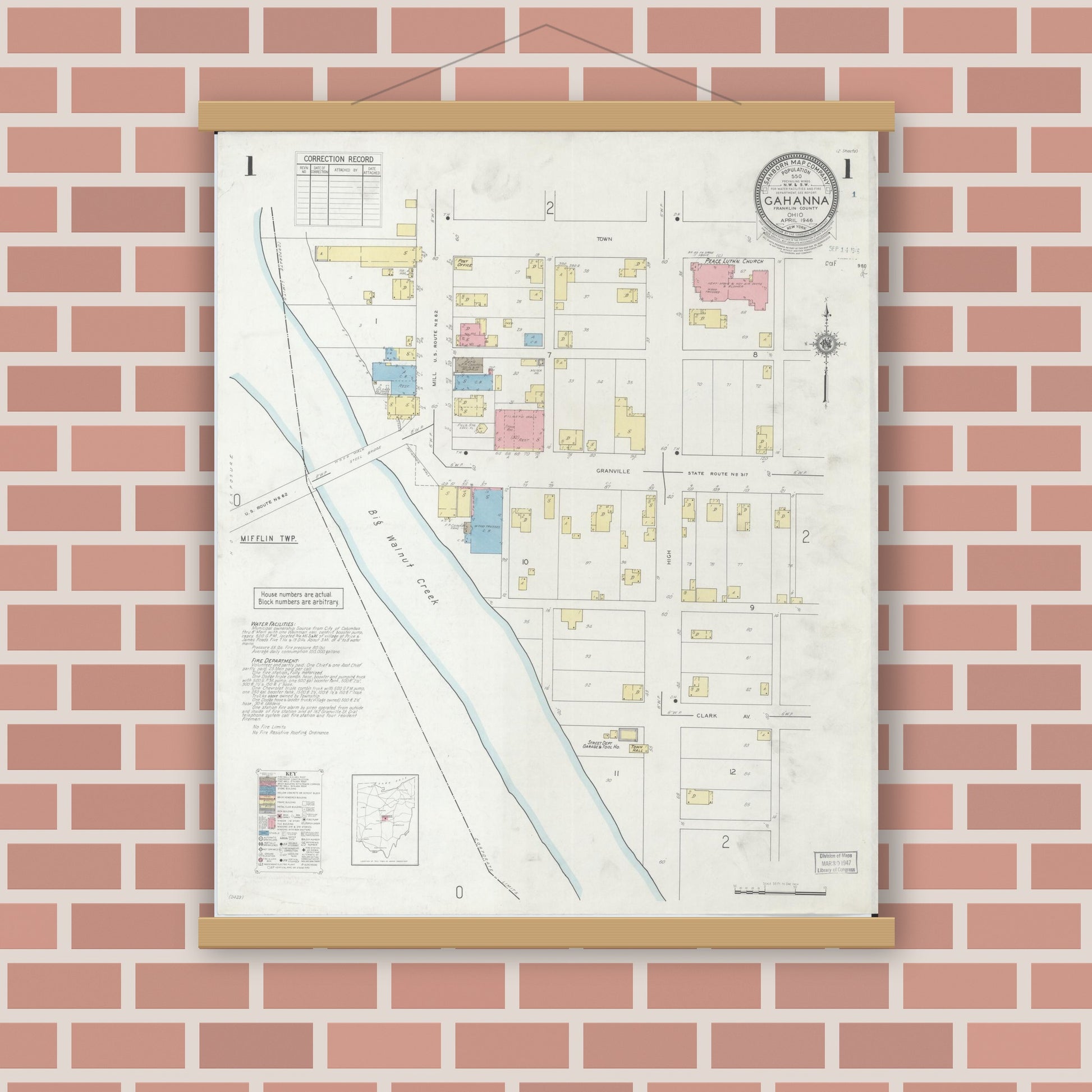 Old map wall art mockup — magnetic wood frame on brick wall — Sanborn Fire Insurance Map from Gahanna, Franklin County, Ohio (1946) - Complete Map Set