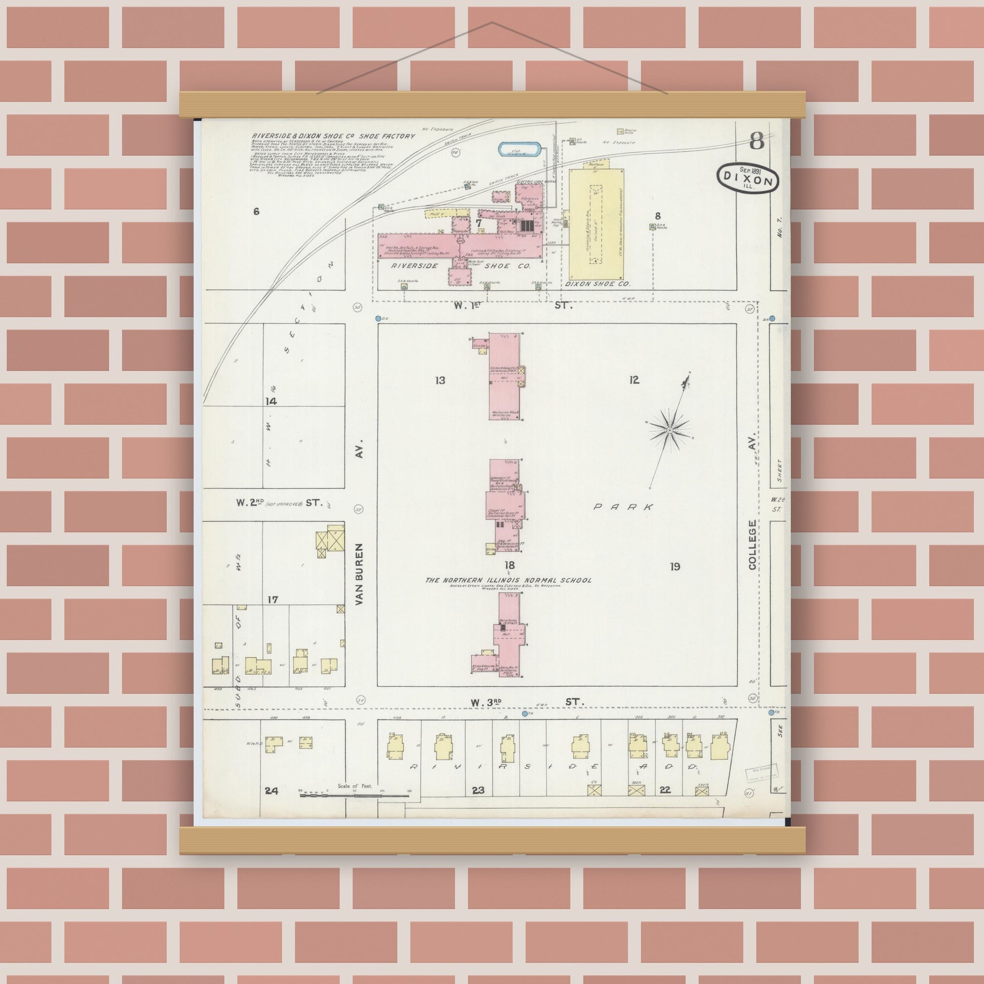 Old map wall art mockup — magnetic wood frame on brick wall — Sanborn Fire Insurance Map from Dixon, Lee County, Illinois (1891), Sheet #0008