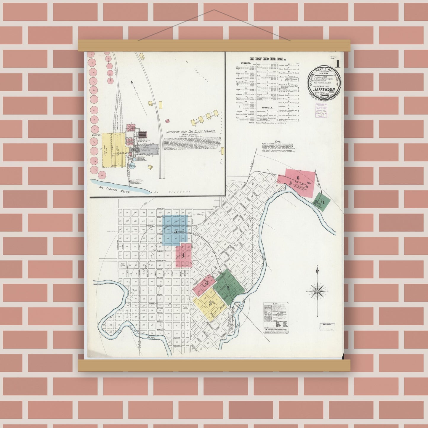 Old map wall art mockup — magnetic wood frame on brick wall — Sanborn Fire Insurance Map from Jefferson, Marion County, Texas (1901), Sheet #0001