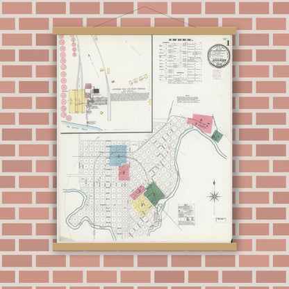 Old map wall art mockup — magnetic wood frame on brick wall — Sanborn Fire Insurance Map from Jefferson, Marion County, Texas (1901), Sheet #0001