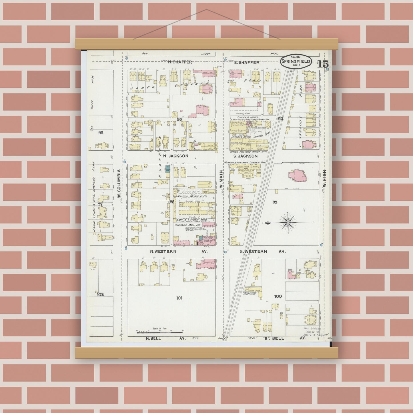 Old map wall art mockup — magnetic wood frame on brick wall — Sanborn Fire Insurance Map from Springfield, Clark County, Ohio (1891), Sheet #0015