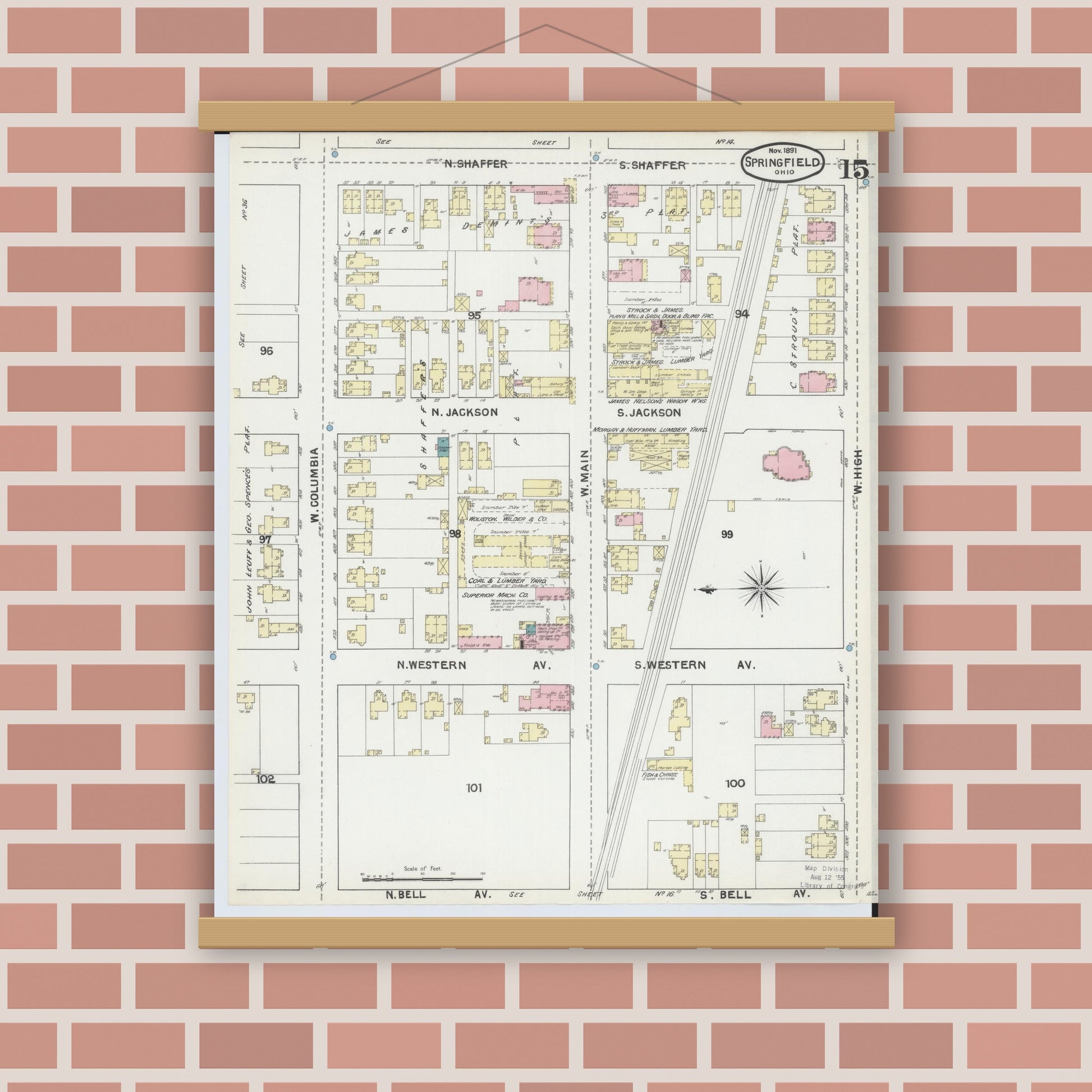 Old map wall art mockup — magnetic wood frame on brick wall — Sanborn Fire Insurance Map from Springfield, Clark County, Ohio (1891), Sheet #0015