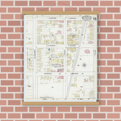 Old map wall art mockup — magnetic wood frame on brick wall — Sanborn Fire Insurance Map from Springfield, Clark County, Ohio (1891), Sheet #0015