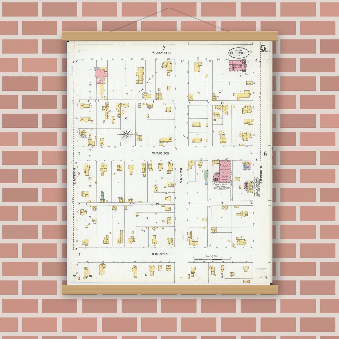 Old map wall art mockup — magnetic wood frame on brick wall — Sanborn Fire Insurance Map from Rushville, Schuyler County, Illinois (1900), Sheet #0005