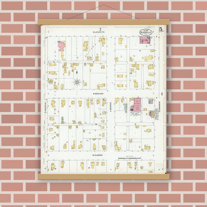 Old map wall art mockup — magnetic wood frame on brick wall — Sanborn Fire Insurance Map from Rushville, Schuyler County, Illinois (1900), Sheet #0005