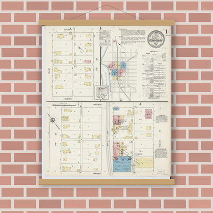 Old map wall art mockup — magnetic wood frame on brick wall — Sanborn Fire Insurance Map from Perrysburg, Wood County, Ohio (1914) - Complete Map Set