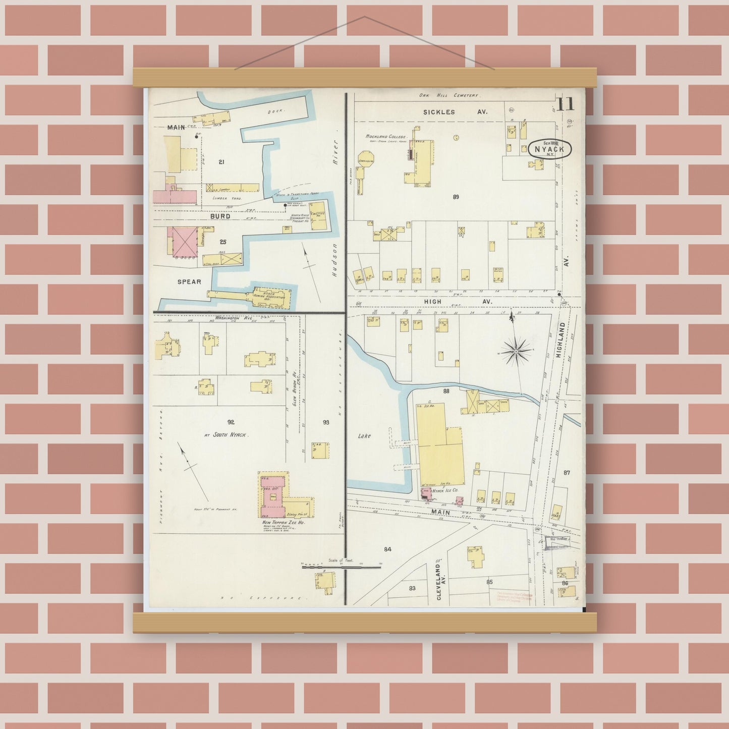 Old map wall art mockup — magnetic wood frame on brick wall — Sanborn Fire Insurance Map from Nyack, Rockland County, New York. (1896), Sheet #0011
