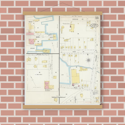Old map wall art mockup — magnetic wood frame on brick wall — Sanborn Fire Insurance Map from Nyack, Rockland County, New York. (1896), Sheet #0011