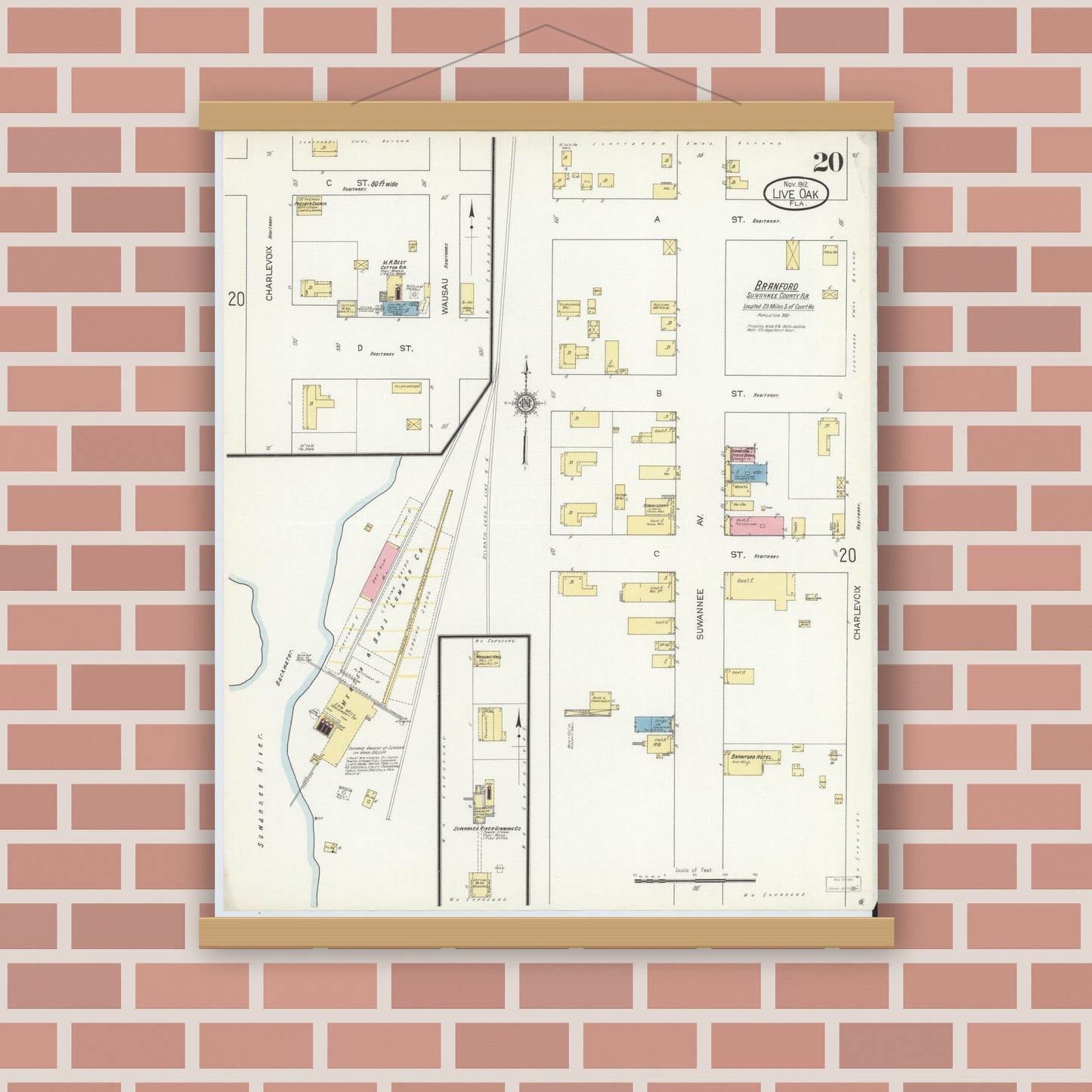 Old map wall art mockup — magnetic wood frame on brick wall — Sanborn Fire Insurance Map from Live Oak, Suwanee County, Florida (1912), Sheet #0020