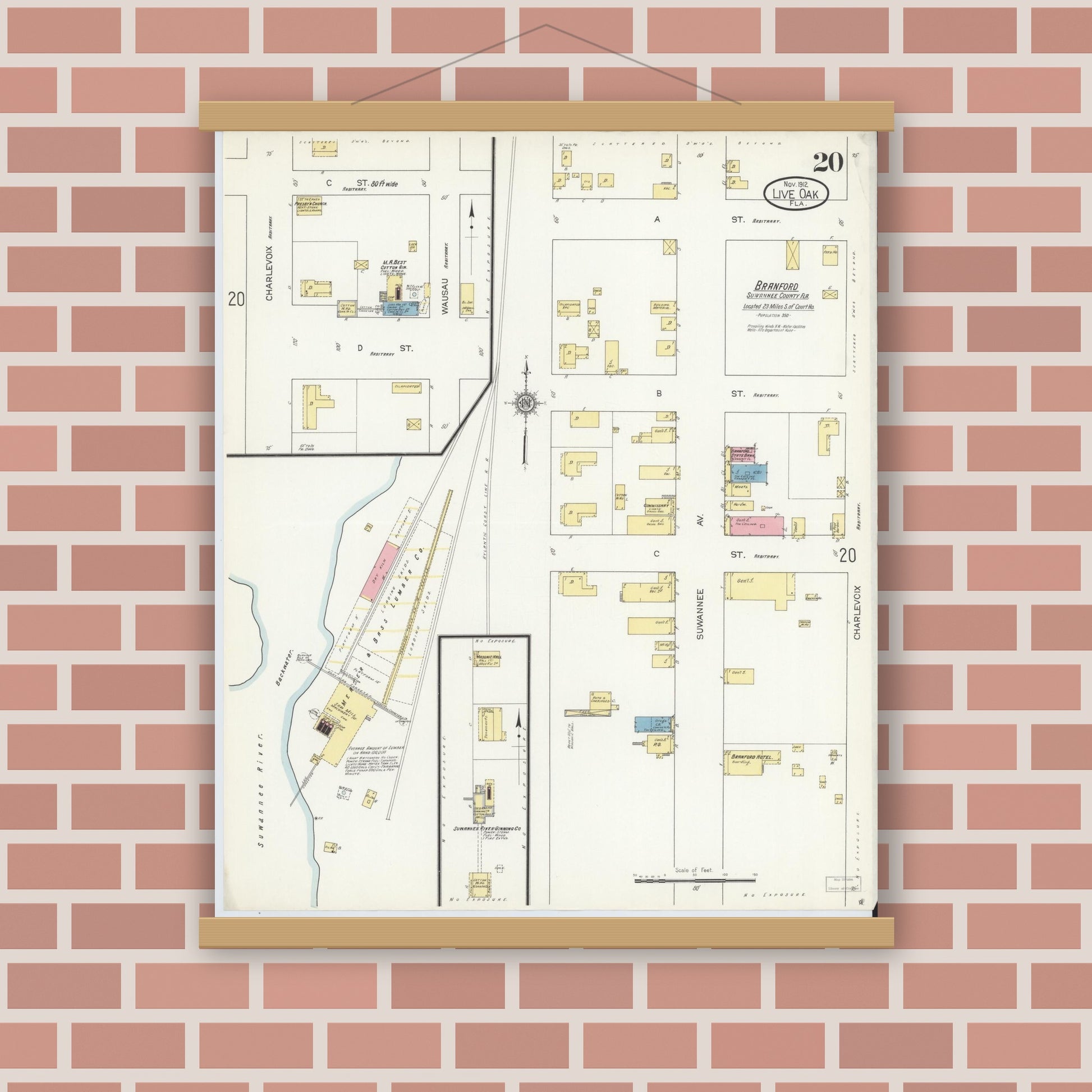 Old map wall art mockup — magnetic wood frame on brick wall — Sanborn Fire Insurance Map from Live Oak, Suwanee County, Florida (1912), Sheet #0020