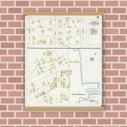 Old map wall art mockup — magnetic wood frame on brick wall — Sanborn Fire Insurance Map from East Jordan, Charlevoix County, Michigan (1905), Sheet #0005