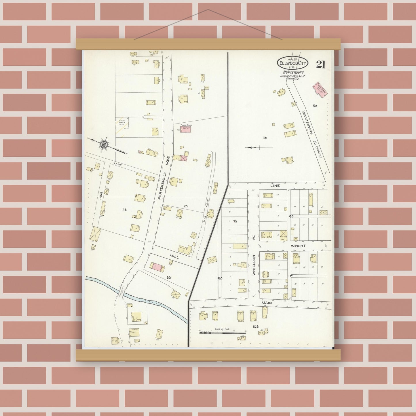 Old map wall art mockup — magnetic wood frame on brick wall — Sanborn Fire Insurance Map from Ellwood City, Lawrence County, Pennsylvania (1914), Sheet #0021