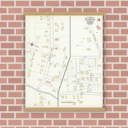Old map wall art mockup — magnetic wood frame on brick wall — Sanborn Fire Insurance Map from Ellwood City, Lawrence County, Pennsylvania (1914), Sheet #0021