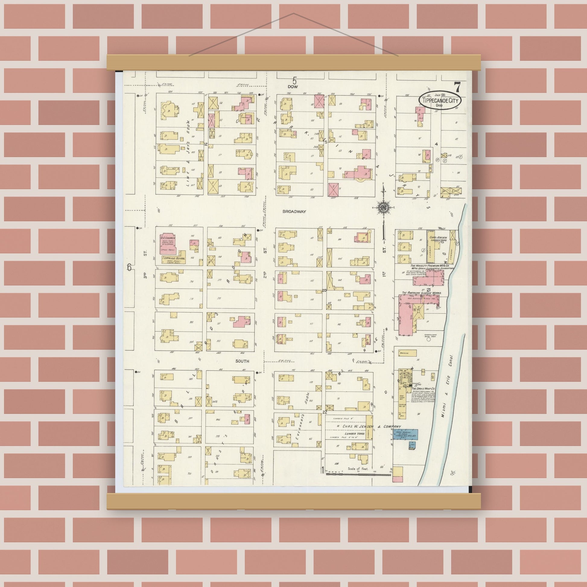 Old map wall art mockup — magnetic wood frame on brick wall — Sanborn Fire Insurance Map from Tipp City, Miami County, Ohio (1911), Sheet #0007
