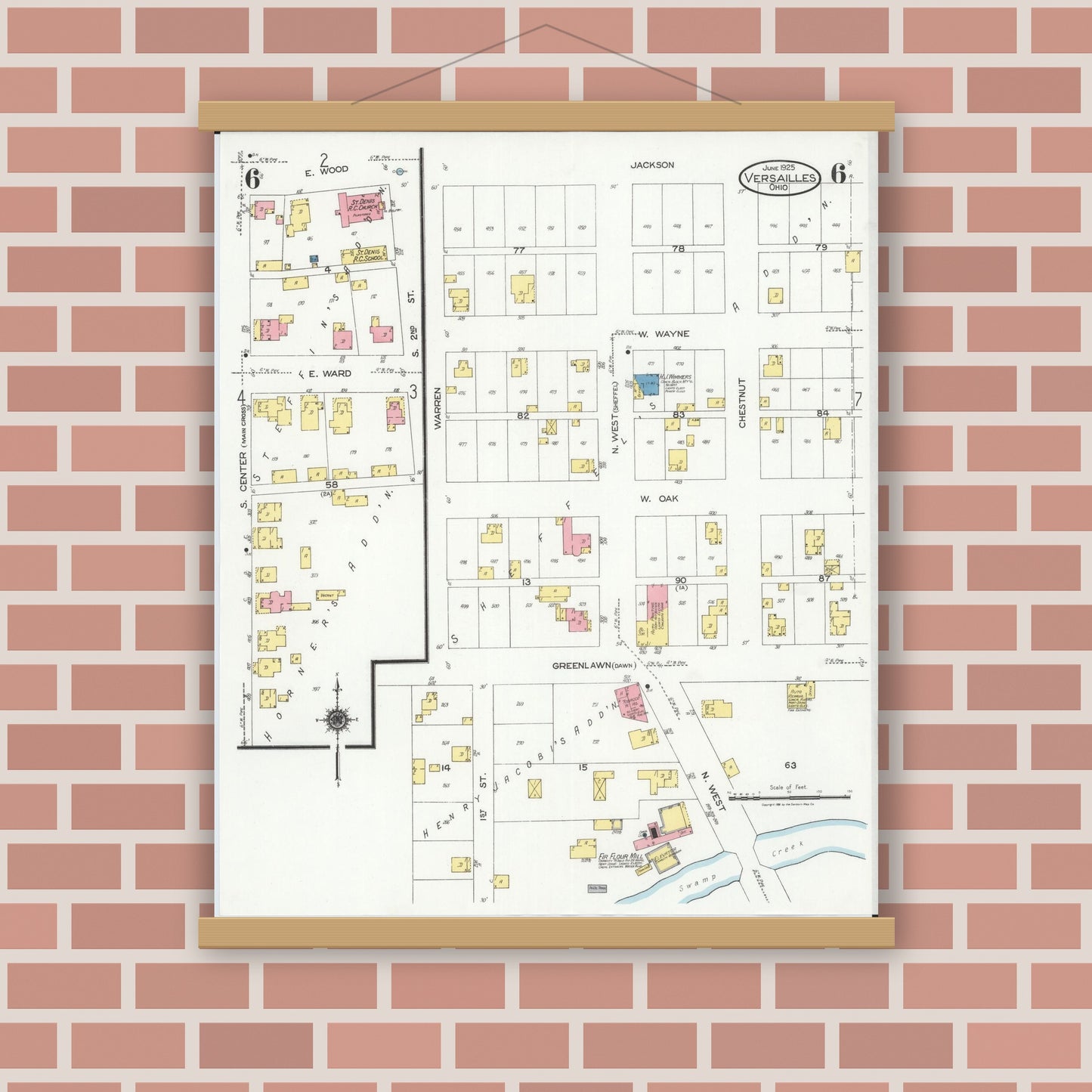 Old map wall art mockup — magnetic wood frame on brick wall — Sanborn Fire Insurance Map from Versailles, Darke County, Ohio (1925), Sheet #0006