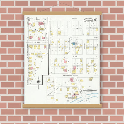 Old map wall art mockup — magnetic wood frame on brick wall — Sanborn Fire Insurance Map from Versailles, Darke County, Ohio (1925), Sheet #0006