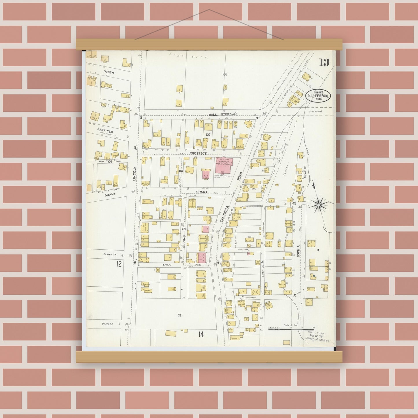 Old map wall art mockup — magnetic wood frame on brick wall — Sanborn Fire Insurance Map from East Liverpool, Columbiana County, Ohio (1903), Sheet #0013