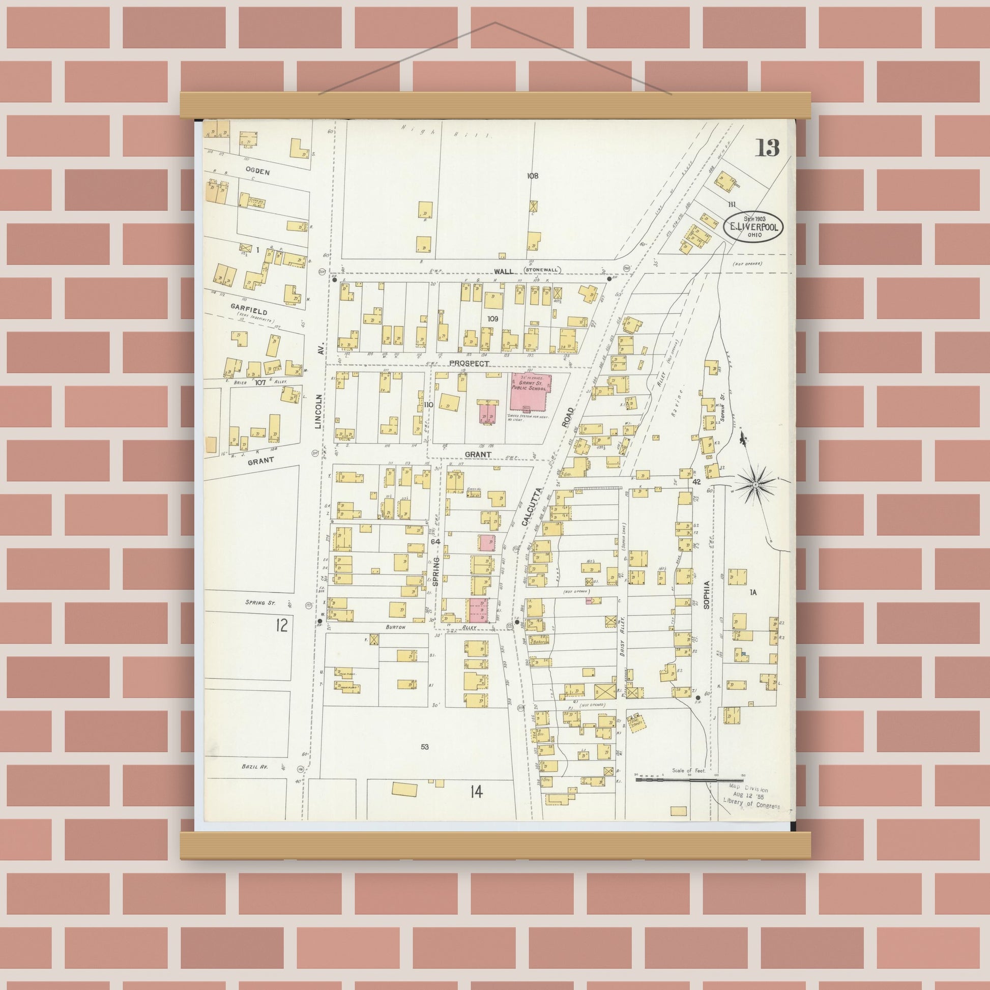 Old map wall art mockup — magnetic wood frame on brick wall — Sanborn Fire Insurance Map from East Liverpool, Columbiana County, Ohio (1903), Sheet #0013