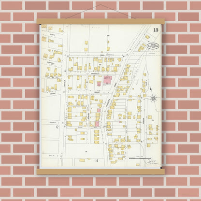 Old map wall art mockup — magnetic wood frame on brick wall — Sanborn Fire Insurance Map from East Liverpool, Columbiana County, Ohio (1903), Sheet #0013