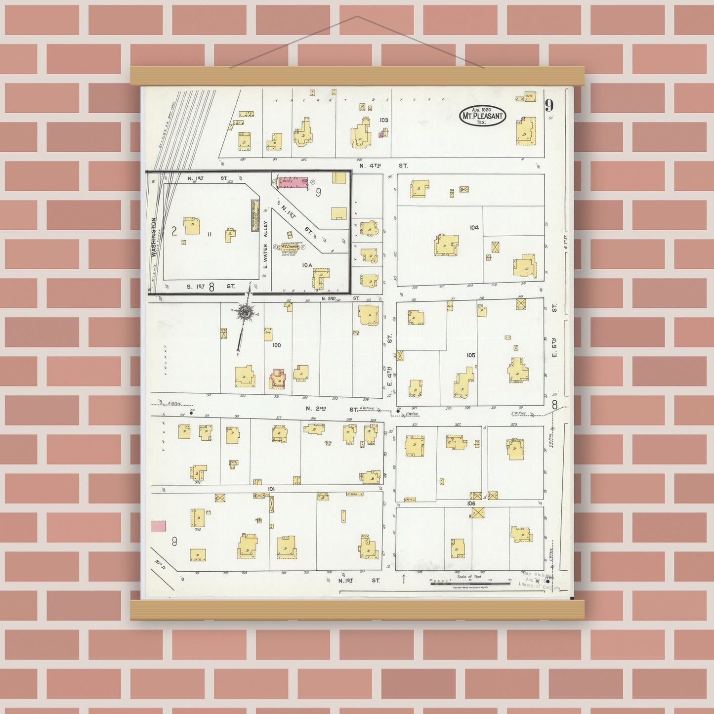 Old map wall art mockup — magnetic wood frame on brick wall — Sanborn Fire Insurance Map from Mount Pleasant, Titus County, Texas (1920), Sheet #0009