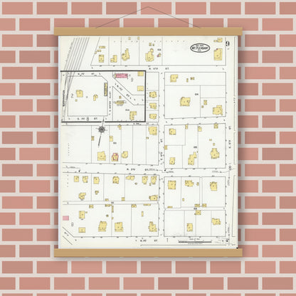 Old map wall art mockup — magnetic wood frame on brick wall — Sanborn Fire Insurance Map from Mount Pleasant, Titus County, Texas (1920), Sheet #0009